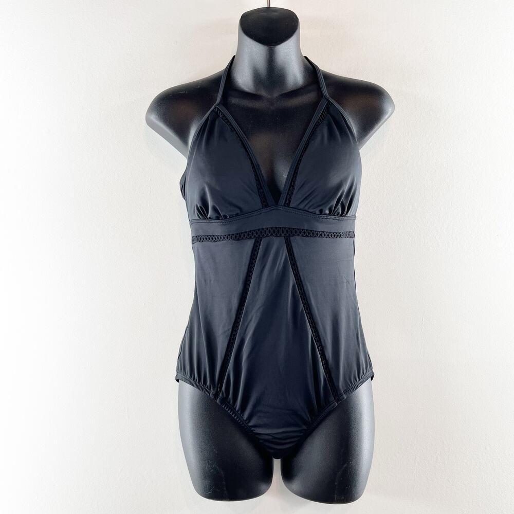 Time and Tru Plunging Halter Neck Open Back One Piece Swimsuit Black M (8 -10)